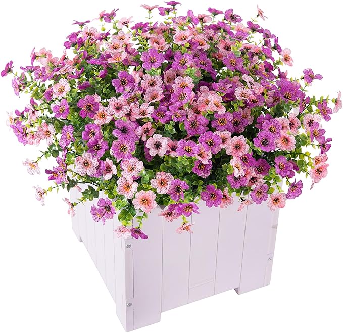 Artificial Fake Mums Flowers for Outdoor Fall Decor, 12 Bundles Faux Silk Daisy Plants for Planter Pot Colorful UV Resistant Look Real for Front Door Porch Patio Outside Yard(Purple Pink)