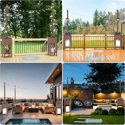 2PCS Outdoor String Light Poles with Planter Box,8.6FT H Posts for Patio String Lights,Decorative Lattice Wood Planter Stand with Bottom Storage Shelf,for Patio Porch Balcony Garden Accent