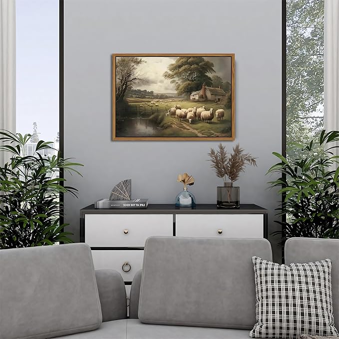 SAMHOU Floating Framed Canvas Wall Art, Vintage French Country Nature Landscape Wall Decor, Meadow Flock of Sheep Poster Prints Picture for Farmhouse Living Room Bedroom Home Decor 16x24 inch
