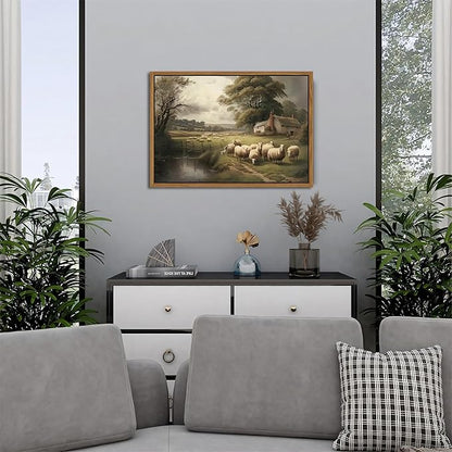 SAMHOU Floating Framed Canvas Wall Art, Vintage French Country Nature Landscape Wall Decor, Meadow Flock of Sheep Poster Prints Picture for Farmhouse Living Room Bedroom Home Decor 12x16 inch