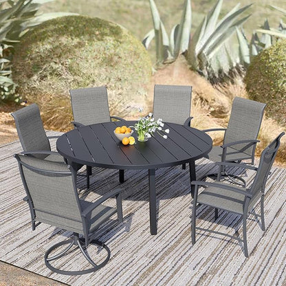 7 Piece Outdoor Dining Set, 47" Black Round Outdoor Dining Table with 2 Grey Swivel Outdoor Dining Chairs and 4 Fixed Patio Table and Chair Set of 6 for Lawn, Garden, or Porch