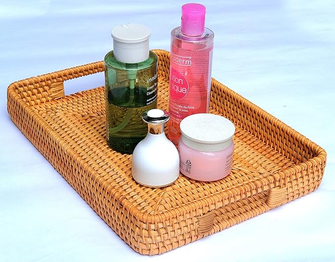 Rectangular Wicker Serving Tray | Set of 2 | Handmade Woven Rattan Storage Basket | Decorative Coffee Tabletop Tray | Boho Flat Bathroom Organizer - (L- 15.4""x2.4"" M- 13.7""x 2"")