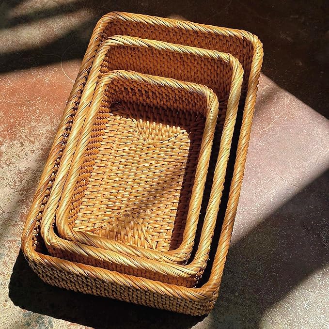 Natural Rattan Woven Baskets, Rectangular Wicker Basket for Organizing Living Room, Storage Bathroom, Kitchen Decor, Kitchen Storage, 3 Packs
