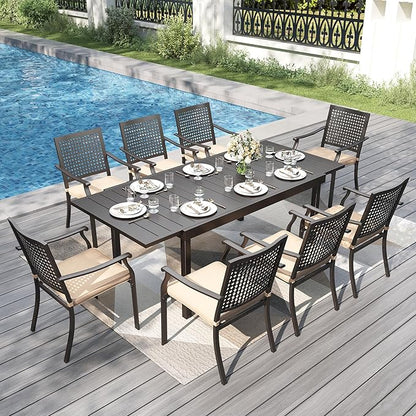 PHI VILLA 9 Pieces Outdoor Dining Set for 8, Large Metal Expandable Dining Table & Stackable Wrought Iron Chairs with Cushions, Modern Furniture Set for Patio, Deck, Yard, Porch - Black