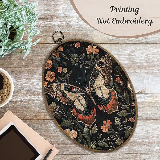 LKETW Vintage Butterfly Floral Oval Wall Art Decor, William Morris Cottagecore Butterfly Botanical Oval Canvas Hanging Decor, Moth Flower Wall Decorations for Home Bedroom Living Room, 8.6x11.4 Inch