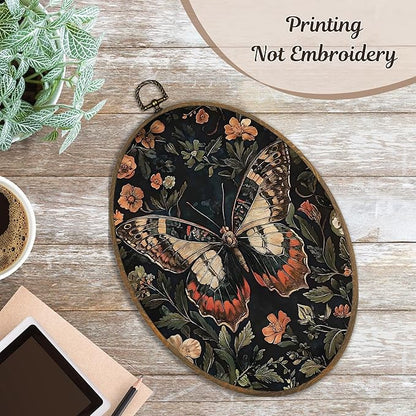 LKETW Vintage Butterfly Floral Oval Wall Art Decor, William Morris Cottagecore Butterfly Botanical Oval Canvas Hanging Decor, Moth Flower Wall Decorations for Home Bedroom Living Room, 8.6x11.4 Inch