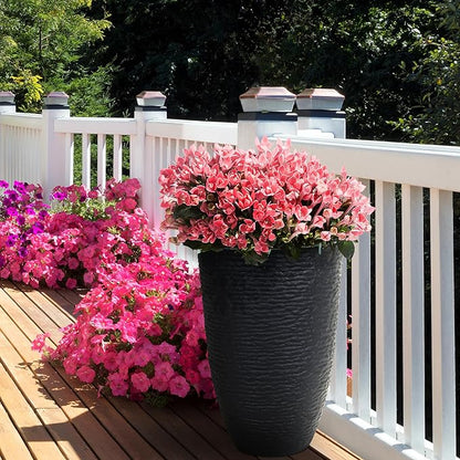 KOL 2-Pack 21in. Tall Plastic Planter - Large Round Tapered Plant Pots with Textured Finish - Black Imitation Stone Looking Big Flower Pots for Indoor & Outdoor Plants - Lightweight and Durable