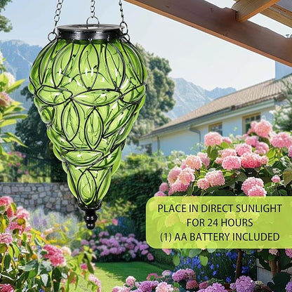 Solar Hanging Lantern Outdoor Garden Lights, Tear-Shaped Glass and Metal Hanging Lantern, 15 Firefly LED Lights, 7 x 24 Inch,(Green)