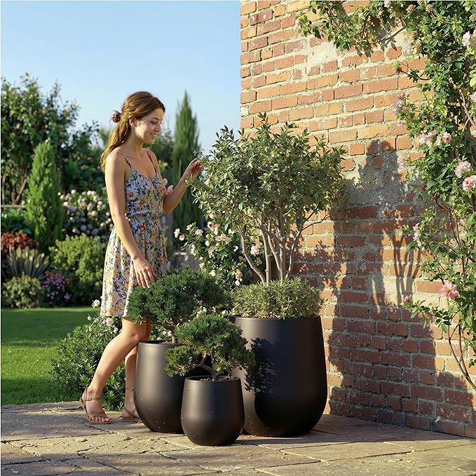 DTY Signature Mount Wilson Modern Indoor Outdoor Fiberstone Tapered Planter, Lightweight, Weather Resistant Garden Pot with Drainage Hole & Rubber Plug, Planter for Christmas Decor - Black, Medium