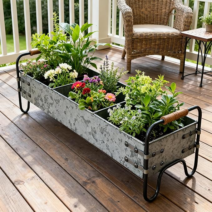 Rustic Galvanized Metal 3-Compartment Planter with Wood Handles, Vintage Style Succulent Herb Flower Pot for Indoor Outdoor Garden, Kitchen, Windowsill Decor