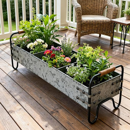 Rustic Galvanized Metal 3-Compartment Planter with Wood Handles, Vintage Style Succulent Herb Flower Pot for Indoor Outdoor Garden, Kitchen, Windowsill Decor