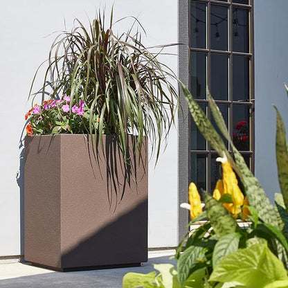 PolyStone Cozumel Tall Modern Outdoor/Indoor Column Planter, 23" L x 18" W x 30" H, Lightweight, Heavy Duty, Weather Resistant, Polymer Finish, Commercial Grade and Residentia (Chocolate Brown)