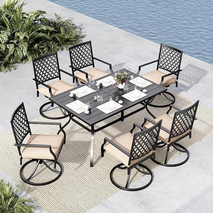 MFSTUDIO Patio Dining Set for 6, Outdoor Dining Set with 1 Rectangular Metal Table 6 Swivel Chairs, Outdoor Table and Chairs Set with Umbrella Hole for Deck, Backyard, Countyard & Garden