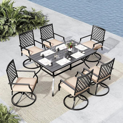 MFSTUDIO Patio Dining Set for 6, Outdoor Dining Set with 1 Rectangular Metal Table 6 Swivel Chairs, Outdoor Table and Chairs Set with Umbrella Hole for Deck, Backyard, Countyard & Garden