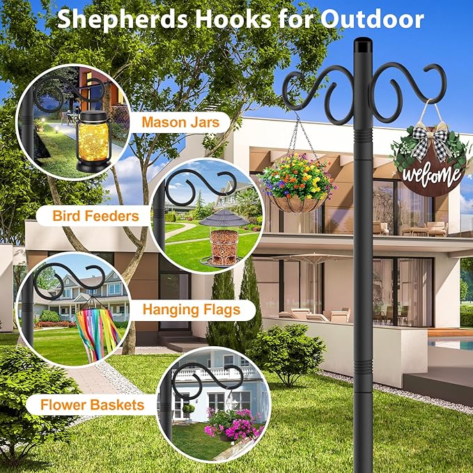 Adjustable Shepherd Hooks for Outdoor,1 Pack 70 Inch 5 Prong Base Bird Two Sided Feeder Poles,Heavy Duty Shepherds Hook,Suitable for Garden in Hanging Flower Basket,Lantern,Bird Nests (1 Pack 70 inch)