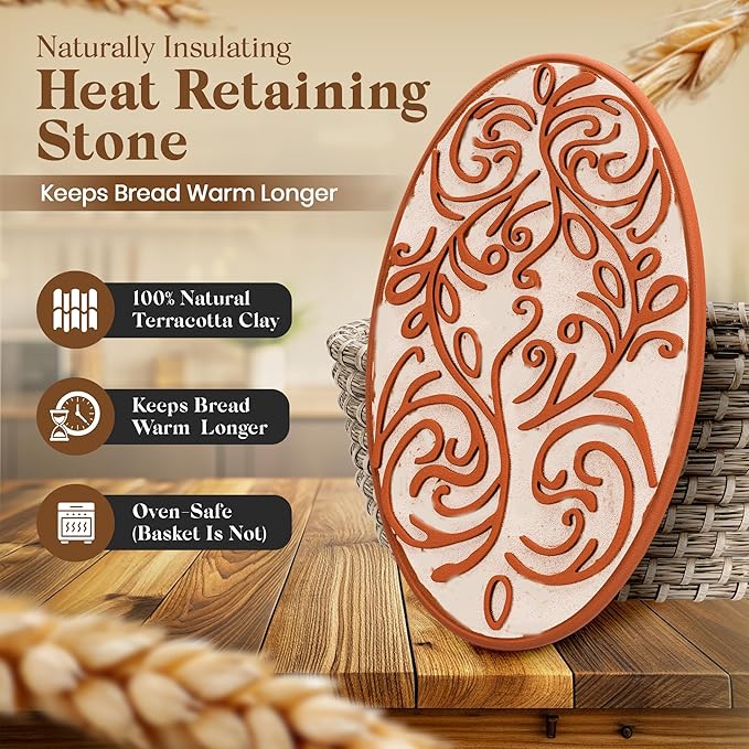 Bread Warmer Basket with Stone - Hand Woven Bread Basket With Warming Stone Included to Keep Your Loaf Warm! - Try Our New Hand-Crafted Bread Basket A Natural & Giftable Addition To Your Table