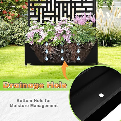 Metal Raised Garden Bed with Trellis, 2-in-1 Planter Box & Privacy Screen for Climbing Plants, Outdoor Standing Flower Bed with Drainage Holes, 35.4" L x 15.7" W x 70.1" H, Black-Helen