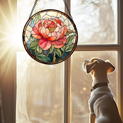 Stained Glass Window Hanging - Pink Peony Floral Suncatcher for Door Garden Yard Birth Flower Sun Catchers Decor Christmas Mother's Day Birthday Gifts for Women Mom Nana Wife Teacher 6.3 in