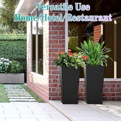 24 Inch Tall Tapered Square Planters (Set of 2) - Indoor Outdoor Large Flower Pots with Built-in Drainage & Matching Water Tray for Patio, Garden, Home - Black