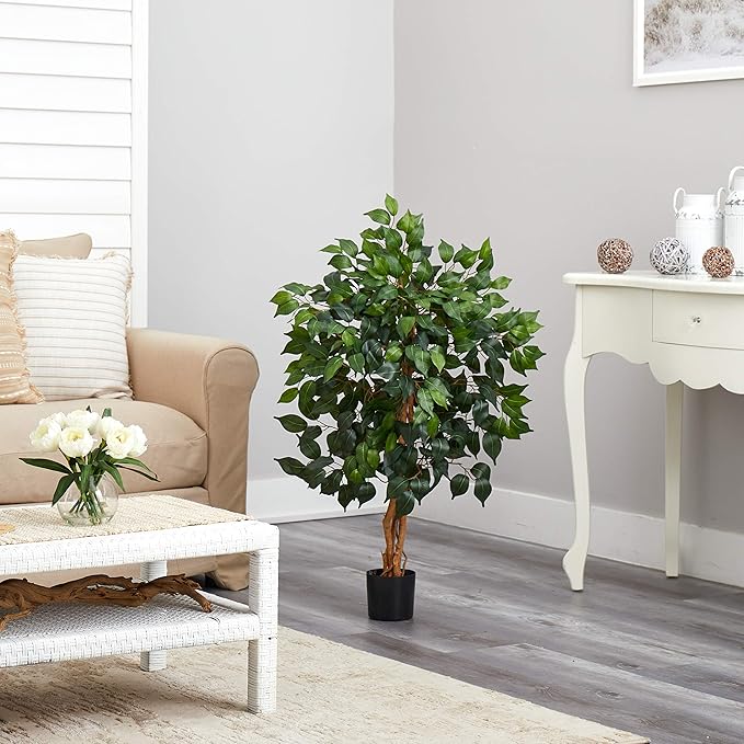Nearly Natural 3ft Triple Trunk Artificial Ficus Tree with Natural Wood Trunks, Fake Tree for Indoor Home Decor, Faux Ficus Tree with Black Nursery Pot