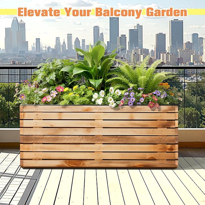 FENCY Metal Planter Box, Large Rectangular Planters for Outdoor Plants, Outdoor Tall Planters with Drainage Holes, Walnut Finish Metal Planters (38" L x 15" W x 16.3" H)