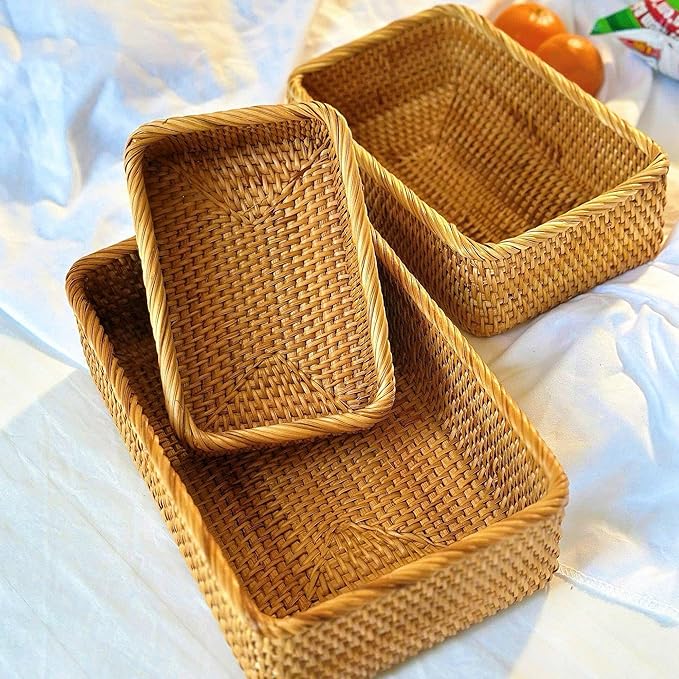 Natural Rattan Woven Baskets, Rectangular Wicker Basket for Organizing Living Room, Storage Bathroom, Kitchen Decor, Kitchen Storage, 3 Packs