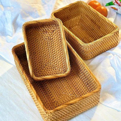 Natural Rattan Woven Baskets, Rectangular Wicker Basket for Organizing Living Room, Storage Bathroom, Kitchen Decor, Kitchen Storage, 3 Packs