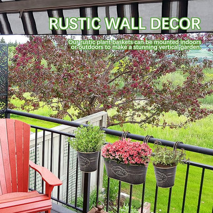 PerGar Vintage Metal Iron Wall Hanging Flower Pots, Rustic Planter Bucket Herb Flower Plant Holder with Detachable Hooks & Drainage Hole for Railing Fence Balcony Deck Garden Home Decoration, Set of 3