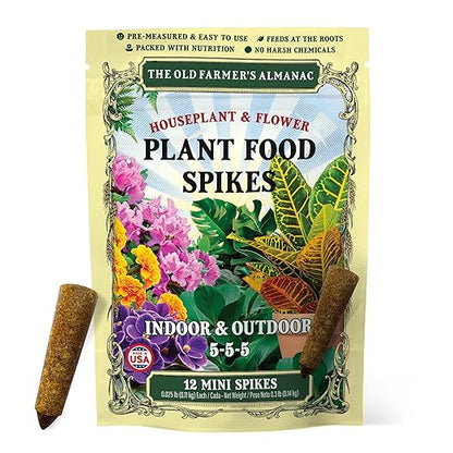 The Old Farmer's Almanac Houseplant & Flower Plant Food Mini Spikes - NPK 5-5-5 for Continuous Feeding and Vibrant Colors (12 Mini Spikes)