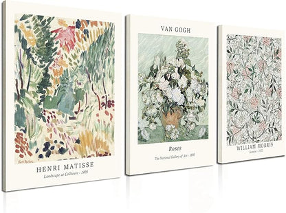 Induslyfe Framed Sage Green Vintage Wall Art Canvas Decor Set of 3, Matisse Wall Art Prints Posters Mid Century Modern Art, Aesthetic Floral Botanical wall art for bedroom, living room, bathroom 12x16