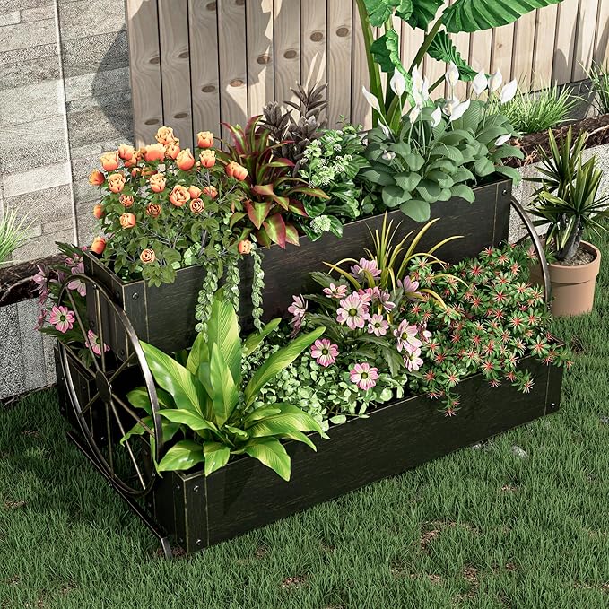 Metal Wagon Planter Box, 3-Tier Garden Planter with Wagon Wheels, Decorative Outdoor Planters for Flowers Herbs Vegetables, Flower Cart Small Raised Garden Bed for Patio, Balcony (Retro Gold)