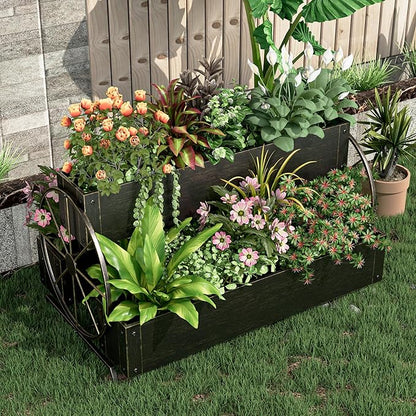 Metal Wagon Planter Box, 3-Tier Garden Planter with Wagon Wheels, Decorative Outdoor Planters for Flowers Herbs Vegetables, Flower Cart Small Raised Garden Bed for Patio, Balcony (Retro Gold)