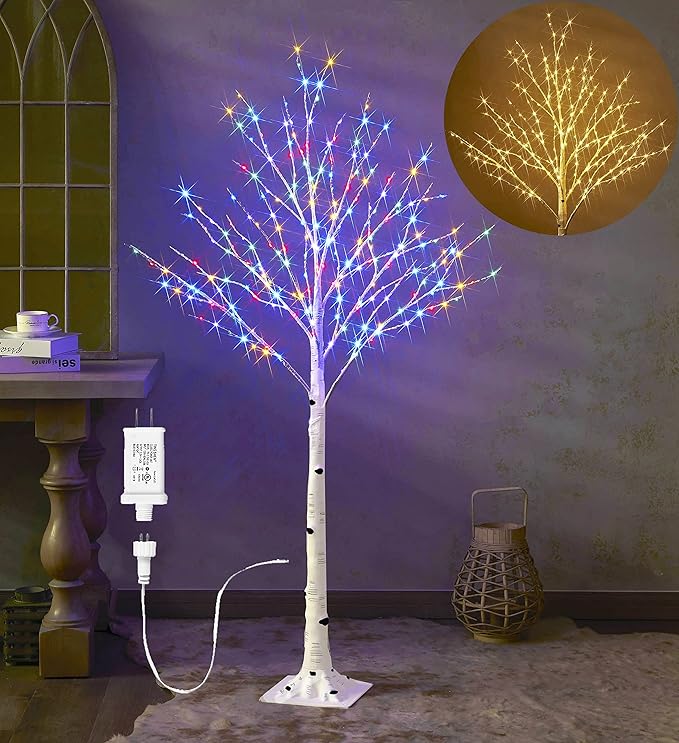 Hairui Pre Lit Birch Tree with 255L Multi Color and Warm White Fairy Lights 8 Functions 5FT, Lighted Tree for Indoor Outdoor Halloween Christmas Holiday Party Decoration