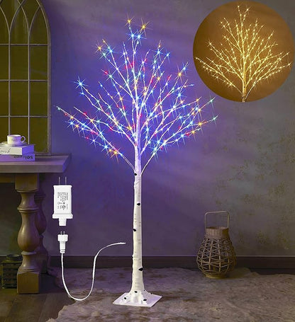Hairui Pre Lit Birch Tree with 255L Multi Color and Warm White Fairy Lights 8 Functions 5FT, Lighted Tree for Indoor Outdoor Halloween Christmas Holiday Party Decoration