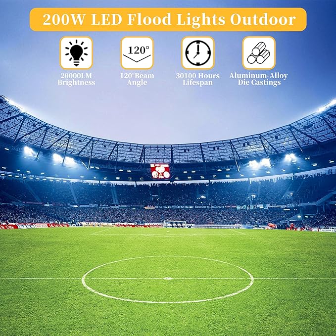 ADYENA LED Flood Light Outdoor Plug in,Super Bright Security Lights,IP66 Waterproof 6000K Daylight White Stadium Lights,Floodlights for Garage,Yard,Garden,Playground