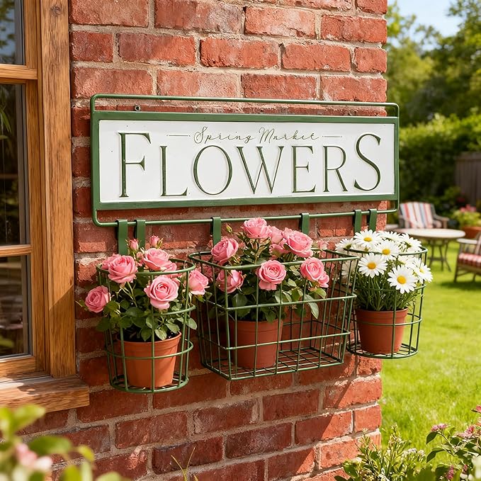 Rustic Spring Market Flowers Wall Planter Set, Farmhouse Metal Hanging Planter with 3 Baskets, Decorative Indoor Outdoor Plant Holder for Succulents, Herbs (Flowers)