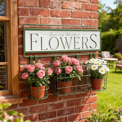 Rustic Spring Market Flowers Wall Planter Set, Farmhouse Metal Hanging Planter with 3 Baskets, Decorative Indoor Outdoor Plant Holder for Succulents, Herbs (Flowers)