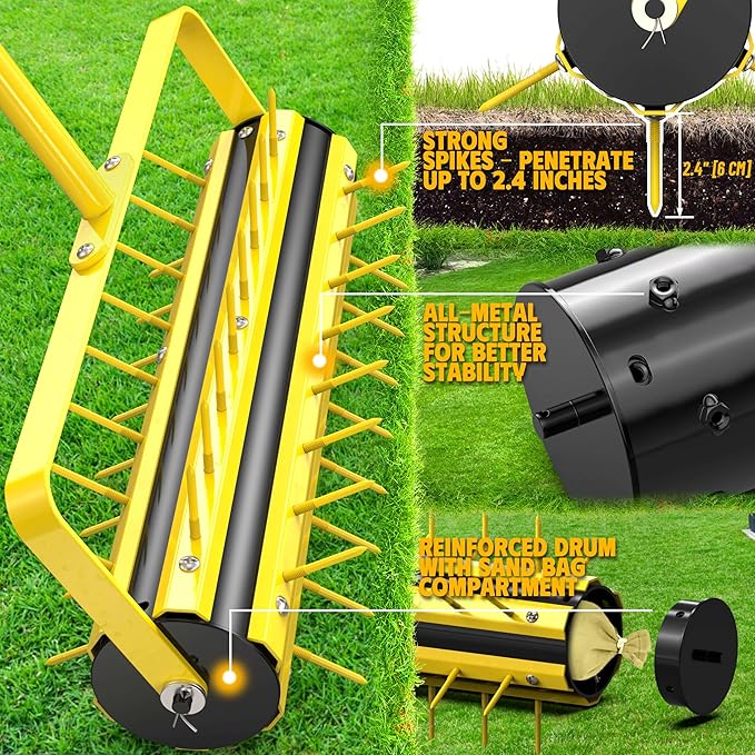 Upgraded 20 Inch Lawn Aerator Tool – Manual Rolling Lawn Core Aerator with 2.4” Steel Spikes, Welded Spike Strip & T-Handle – Yard Soil Aeration for Grass, Garden, Lawn Care