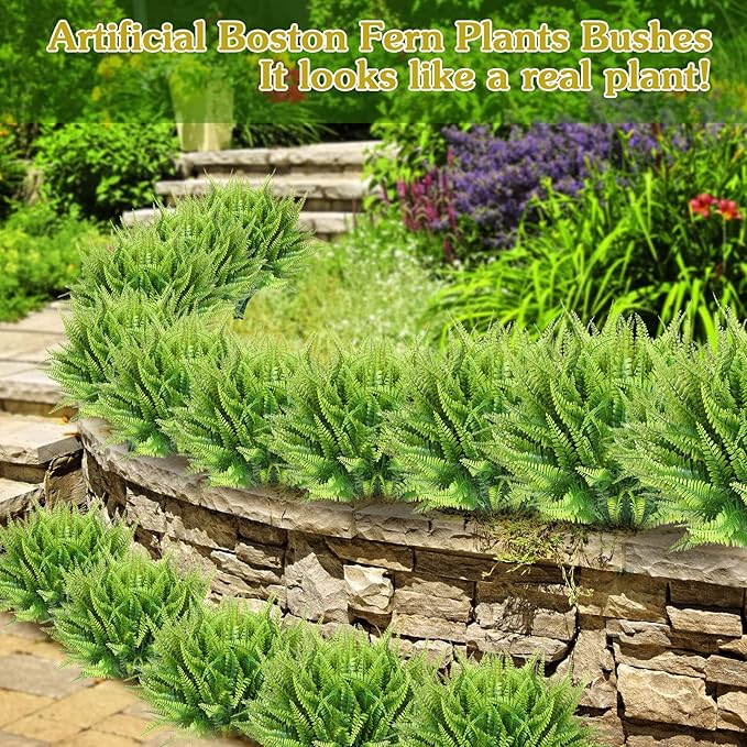 Janinka 40 Pcs Artificial Boston Fern Plants Fake Boston Fern Stems UV Resistant Faux Plants Artificial Outdoor Plastic Bushes Bulk for Hanging Office Porch Window Home Decor