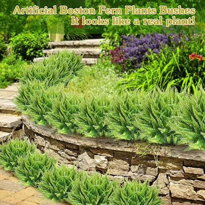 Janinka 40 Pcs Artificial Boston Fern Plants Fake Boston Fern Stems UV Resistant Faux Plants Artificial Outdoor Plastic Bushes Bulk for Hanging Office Porch Window Home Decor