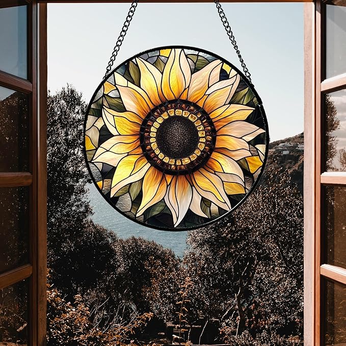 Stained Glass Window Hanging - Sunflower Suncatcher for Door Garden Patio Retro Flower Sun Catchers Decor Christmas Mother's Day Birthday Gifts for Women Mom Nana Friend Wife 11.8 in