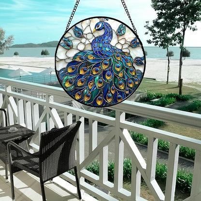 Stained Glass Window Hanging - Peacock Blue Gold Feathers Sun Catcher for Door Garden Home Decor Bird Suncatcher Christmas Mother's Day Birthday Gifts for Women Men Mom Nana 15 in
