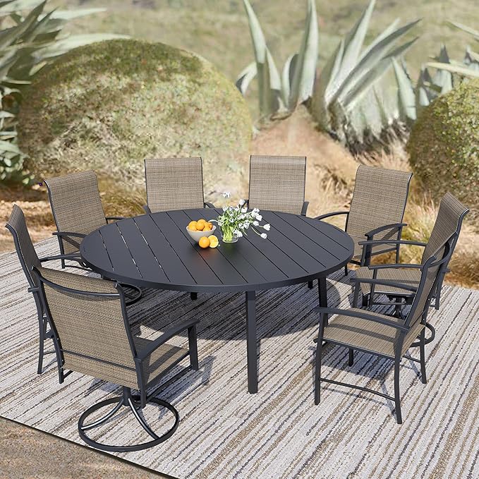 9 Piece Outdoor Dining Set, 60" Black Round Outdoor Dining Table with 4 Mocha Swivel Outdoor Dining Chairs and 4 Fixed Patio Table and Chair Set of 8 for Lawn, Garden, or Porch