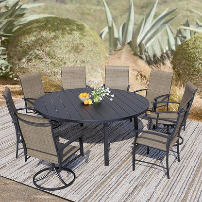 9 Piece Outdoor Dining Set, 60" Black Round Outdoor Dining Table with 4 Mocha Swivel Outdoor Dining Chairs and 4 Fixed Patio Table and Chair Set of 8 for Lawn, Garden, or Porch