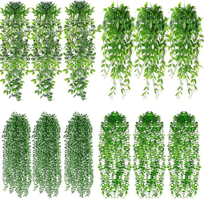 12 Pcs Artificial Hanging Plants Fake Hanging Ferns Plastic Faux Plants for Wall Room Garden Garland Indoor Outdoor Decor No Basket (Eucalyptus,Mandala,String of Pearls,Pea)
