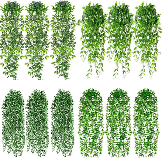 12 Pcs Artificial Hanging Plants Fake Hanging Ferns Plastic Faux Plants for Wall Room Garden Garland Indoor Outdoor Decor No Basket (Eucalyptus,Mandala,String of Pearls,Pea)