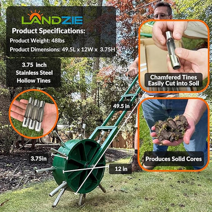 Landzie AeroCore Duo Rolling Lawn Aerator – Manual Core Plug Aerator with Chamfered Hollow Tines – Heavy-Duty 38.8 Pound Wheel Aerator Lawn Tool – Push Yard Aerator Aeration Tool