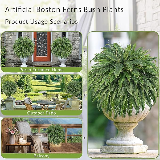 50" Artificial Boston Ferns, Fake Bush Plants, Large Faux Ferns with 96 Fronds for Outdoors Home Decor