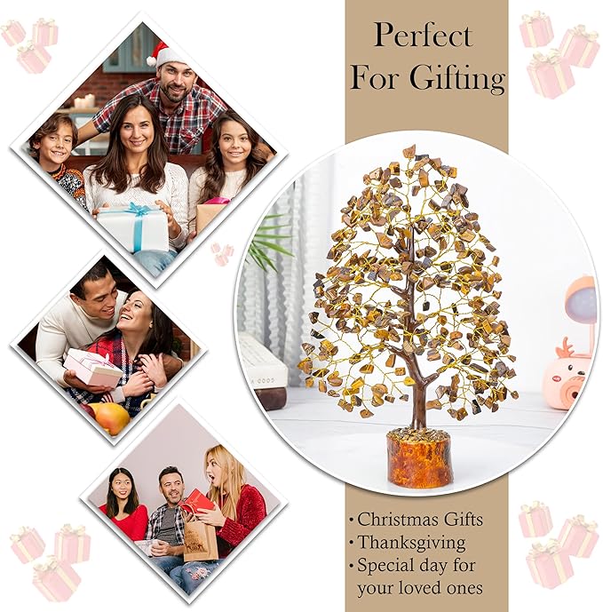 Crocon Tiger Eye Gemstone Tree of Life - Crystal for Feng Shui Decor - Chakra Money Bonsai Tree, Good Luck Healing Crystals Meditation Stones, Spiritual Unique Gift 10-12"""
