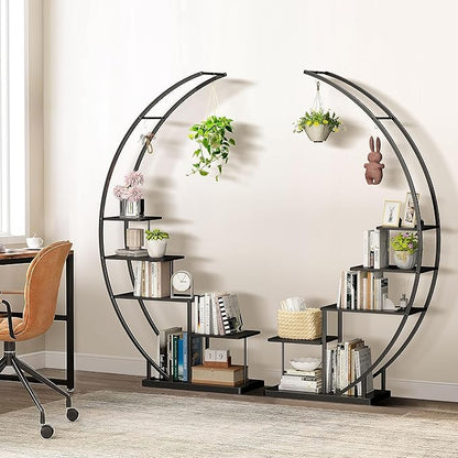 JACK&JULIA Plant Stand, Moon 5 Tier Tall Metal Plant Shelf with 3 Hooks, Large Curved Shape Rack Plant Holder for Living Room, Garden, Patio, Balcony